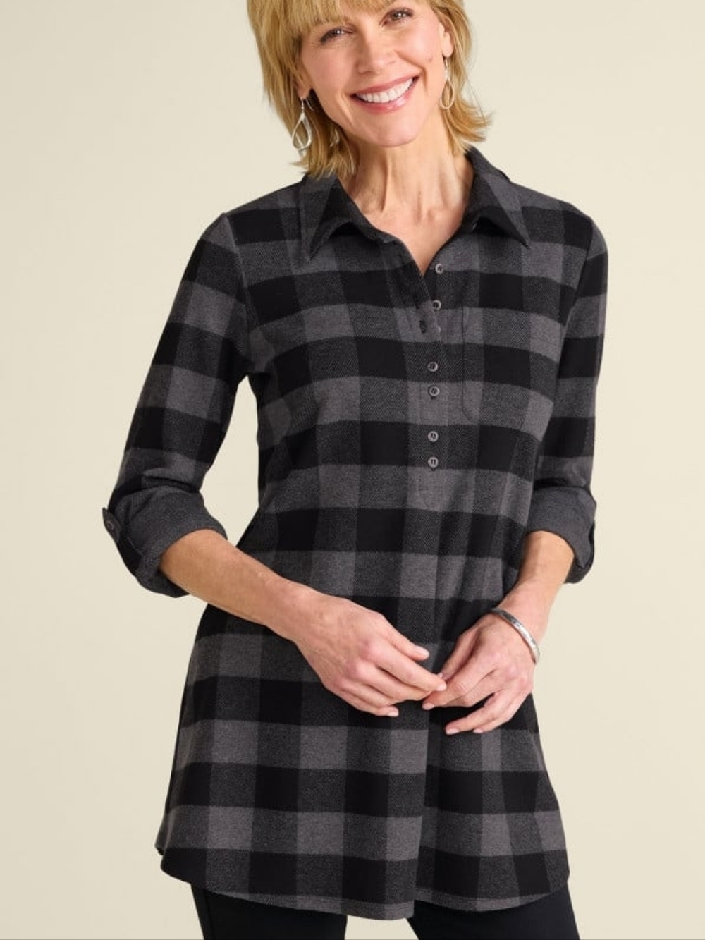 Soft Surroundings Mad About Plaid Charcoal Buffalo Check‎ Tunic